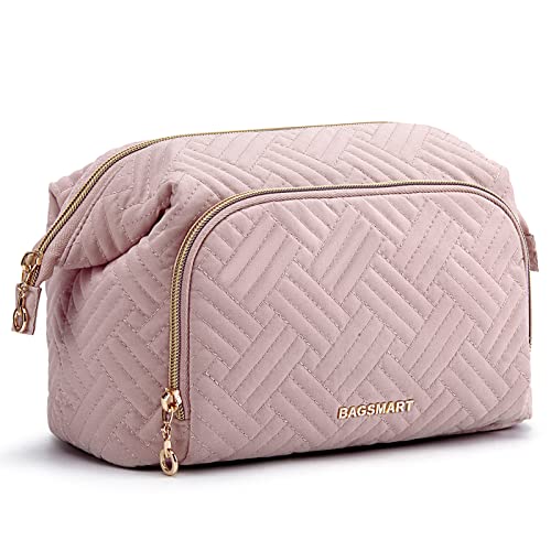 BAGSMART Travel Makeup Bag, Cosmetic Bag Small Make Up Organizer Case,Wide-open Pouch for Women Purse for Toiletries Accessories Brushes Pink