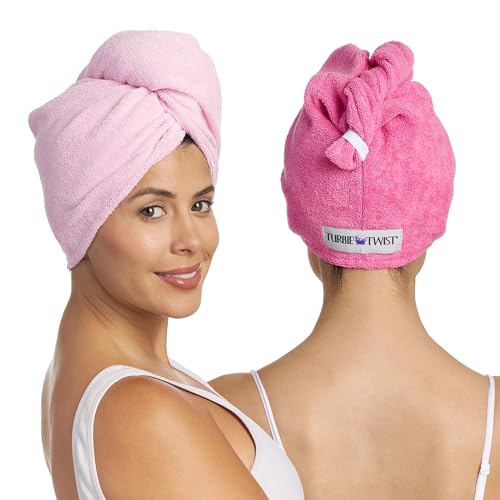Turbie Twist Microfiber Hair Towel Wrap – The Original Quick Dry, Anti-Frizz Turban Towel for Thick, Long, and Curly Hair – Bathroom Essential for Women, Men, and Kids – Dark Pink, Light Pink – 2 Pack