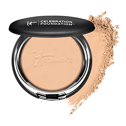 IT Cosmetics Celebration Foundation, Medium Tan (W) – Full-Coverage, Anti-Aging Powder Foundation – Blurs Pores, Wrinkles & Imperfections – With Hydrolyzed Collagen & Hyaluronic Acid – 0.3 oz Compact