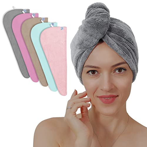 TENSTARS 5 Pack Thicken Microfiber Hair Towel Wrap for Women – Elastic Loop Design – 320GSM Coral Velvet – Quick Dry Hair Turban – 11×28 Inch (Grey+Pink+Brown+FrozenBlue+FrozenBerry)
