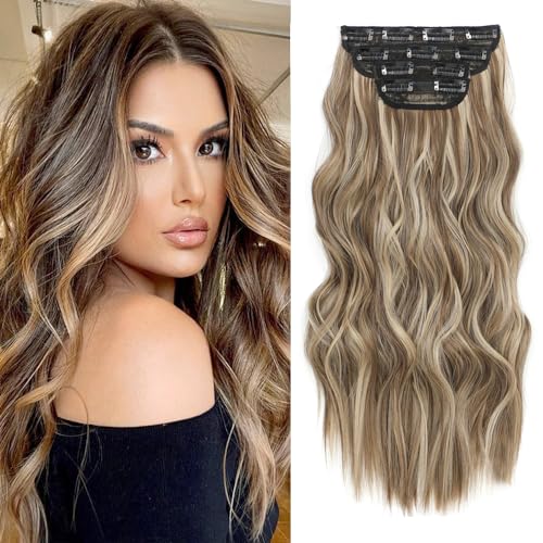 Clip In Hair Extensions 4PCS Light Brown Highlighted Dirty Blonde Hair Extensions Clip ins Smooth and Tangle Free Lightweight Lace Net Synthetic Hairpieces