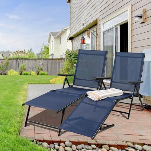 Relyblo Foldable Chaise Chair Set of 2, Pool Sun Tanning, Outdoor Lounge w/4-Position Reclining Back, Breathable Mesh & Bungee Seat for Beach, Yard, Patio, Blue