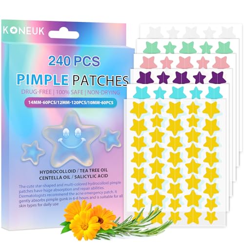 KONEUK Pimple Patches for Face 240CT,3 Sizes Hydrocolloid Acne Patches,Cute Star Zit Patches with Tea Tree Oil,Salicylic Acid and Centella Extract,Colorful Face Spot Stickers