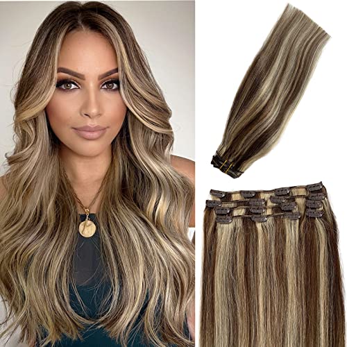 Hair Extensions Real Human Hair Clip in Brown Hair with Blonde Highlights Double Weft Clip in Hair Extensions Human Hair Medium Brown Mix Bleach Blonde Straight Clip on Extensions for Women 7pcs