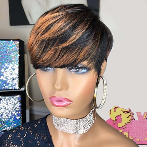 VRZ Pixie Cut Wig Human Hair Short Human Hair Wigs for Black Women Pixie Layered Wavy Wigs Black with Brown F1B/33 Color Glueless Short Curly Wig