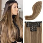 REECHO Clip in Hair Extensions, Hair Extensions Thick Long Lace Weft Lightweight Synthetic Hairpieces for Women (24 Inch-240 Gram(Pack of 5), Chocolate Brown with Golden Blonde Highlights)