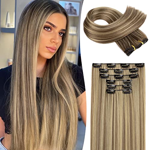 Clip in hair extensions，LONAI 6PCS Straight 24″ Hair Extensions for Women，Heat Resistant Synthetic Hairpiece-Cool Brown with Blonde Highlights