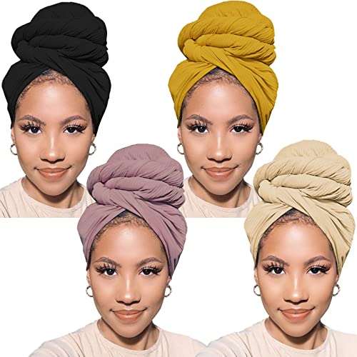 PWEOUKE 4 Pcs Head Wraps for Women with Natural Hair Solid Color Stretch Jersey African Turban Head Scarf for Hair Soft Extra Head Band