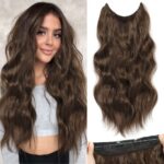 BUPPLER Halo Hair Extensions 20 Inch Invisible Wire Medium Brown Hair Extensions Adjustable Long Wavy Hair Extensions Synthetic Upgrade 4 Secure Clips in Hairpieces (Medium Brown)
