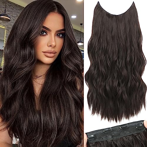 Invisible Wire Hair Extensions, Dark Brown Hair Extensions with Adjustable Size 4 Secure Clips, 20 Inch Wavy Hair Pieces for Women (20inch, Dark Brown)
