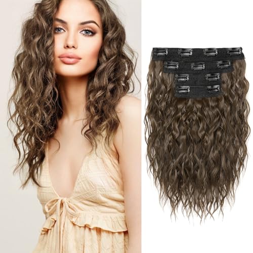 REECHO Hair Extensions, 4PCS Clip in Hair Extensions 12″ Short Curly Wavy Brown Hair Extensions Invisible Lace Weft Natural Soft Hairpieces for Women – Light Brown