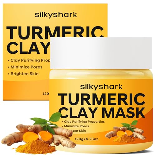 SilkyShark Turmeric Clay Mask (4.23 Oz), Vitamin C Clay Mask with Turmeric, Turmeric Face Mask with Kaolin Clay & Turmeric for Dark Spots, Dull Skin, Skincare Mask for Controlling Oil & Refining Pores
