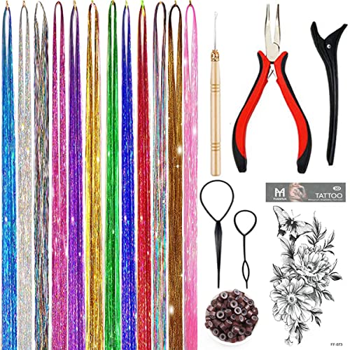 Hair Tinsel Kit, Fairy Tinsel Hair Extensions With Tool 2760 Strands 12 Colors Holographic Hair Tinsel Heat Resistant Sparkling Hair Glitter for Christmas New Year Party (48 Inch)