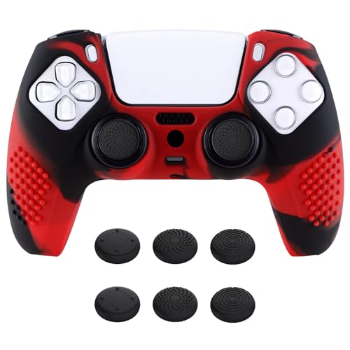 eXtremeRate PlayVital 3D Studded Edition Anti-Slip Silicone Cover Skin for ps5 Controller, Soft Rubber Case Protector for ps5 Wireless Controller with Thumb Grip Caps - Red & Black