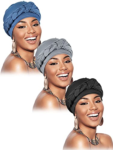 3 Pieces Head Wrap Turban Headwear Pre-Tied Twisted Braid Hair Cover Headwrap Hats for Women Girls (Black, Gray, Light Blue, Popular Style)