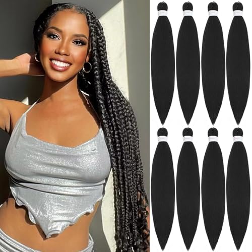 Pre Stretched Braiding Hair 20 Inch 8 Pack Long Braiding Hair Pre Stretched Hair For Braiding Hot Water Setting Soft Yaki Texture Synthetic Crochet Braids Hair For Women Girls (20Inch,1B)