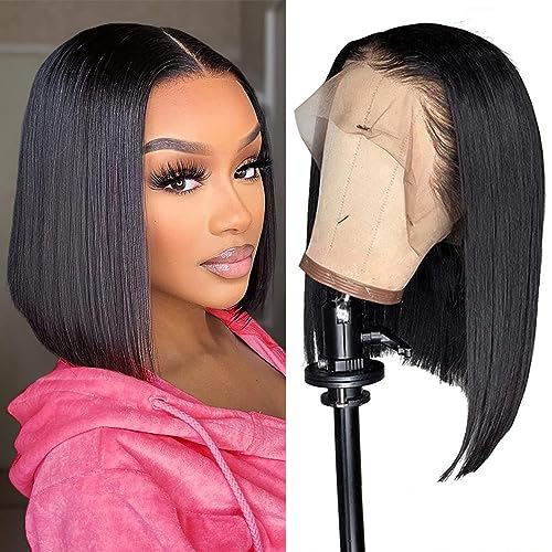 Bob Wig Human Hair 13x4 Frontal Lace Wig Human Hair 180 Density Glueless Pre Plucked with Baby Hair Straight Bob Wigs for Black Women 180% Density Pre Plucked Natural Color 12 inch