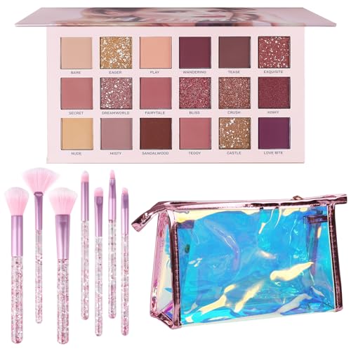 UCANBE Makeup Kit for Women & Teens,18 Colors Nude Eyeshadow +7pcs Soft Makeup Brushes + Pink Cosmetic Bag Makeup Sets, Shimmer Matte Glitter Makeup Palettes Set for Girls Beginners & Professional