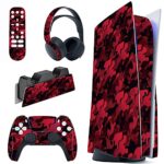 PlayVital Black Red Camouflage Full Set Skin Decal for PS5 Console Disc Edition, Sticker Vinyl Decal Cover for PS5 Controller & Charging Station & Headset & Media Remote