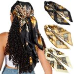 35″ Satin Square Hair Scarf Bandanas – 3Pcs Large Silk Head Scarves Lightweight Satin Hair Kerchief Sleeping Hair Wraps for Women (Camel + Black + Beige)