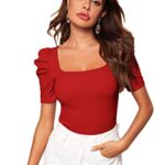 WDIRARA Women’s Puff Sleeve Square Neck Short Sleeve Elegant Tee Top Dull Red XL