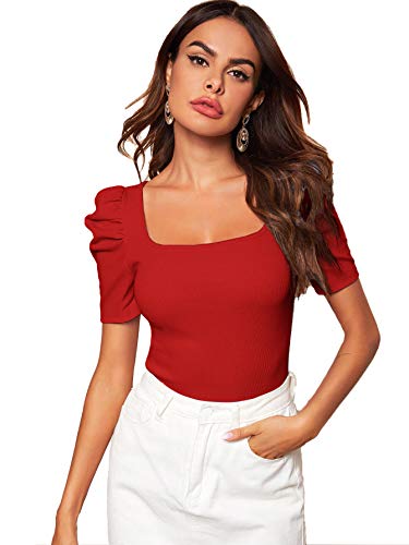 WDIRARA Women's Puff Sleeve Square Neck Short Sleeve Elegant Tee Top Dull Red XL