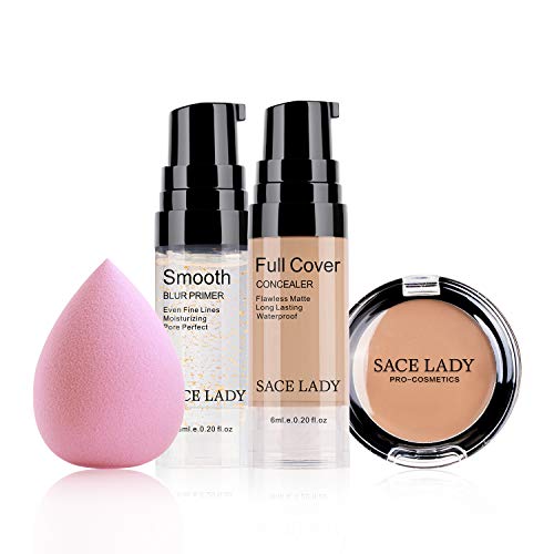Waterproof Full Coverage Concealer With Primer Sponge Set, Smooth Matte Flawless Creamy Liquid Foundation Corrector Makeup Kit for Face Eye Dark Circles Spot Acne Scar Cover (0.2Fl, Light Natural)