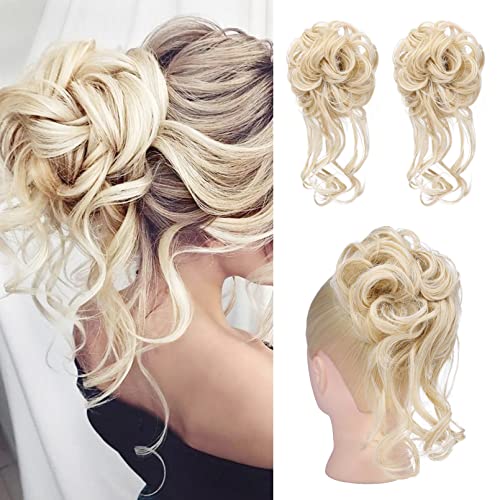 HOOJIH Messy Bun Hair Piece, 2PCS Tousled Updo with Tendrils Hair Bun Extensions Wavy Curly Hair Wrap Ponytail Hairpieces Thick Hair Scrunchies for Women HB010 Dasiy – Cool Light Blonde