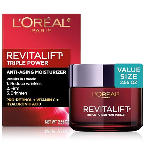 L’Oreal Paris Revitalift Triple Power Anti-Aging Face Moisturizer, Pro Retinol, Hyaluronic Acid & Vitamin C, Reduce Wrinkles 2.55 Oz