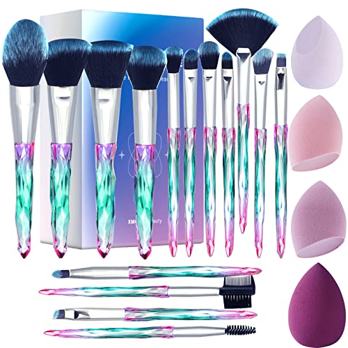 XMOSNZ Makeup Brushes 15pcs Premium Synthetic Bristles Crystal Handle Set Eyeshadow Brush Face Lip Eye Make Up Brush Sets Professional with 4 Makeup Sponges (Gift Box, Lake Blue)