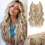 MORICA Invisible Wire Hair Extensions – 20 Inch Halo Hair Extension Long Wavy Synthetic Hairpiece with Transparent Wire Adjustable Size, 4 Secure Clips for Women (Ash Blonde Mixed Light Blonde,20Inch)