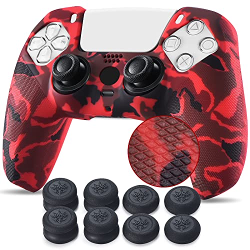 YoRHa Studded Printing Silicone Cover Skin Case for PS5 Controller x 1(Red) with Pro Thumb Grips x 10