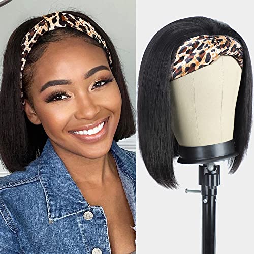AISI Headband Wigs Human Hair Bob Headband Wigs for Black Women Easy Put On and Go Glueless Wigs Short Straight Wigs Machine Made 150% Density No Lace Headband Wig Natural Color(10 Inch)